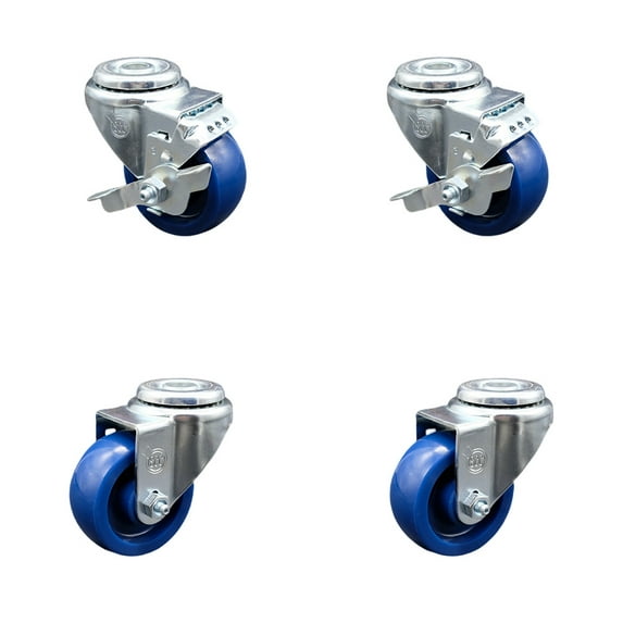 3.5 Inch SS Solid Polyurethane Wheel Swivel Bolt Hole Caster Set with 2 Brake