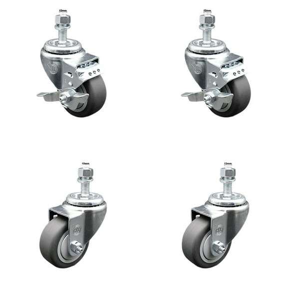 3.5 Inch SS Thermoplastic Rubber Swivel ½ Inch Threaded Stem Caster Set 2 Brakes