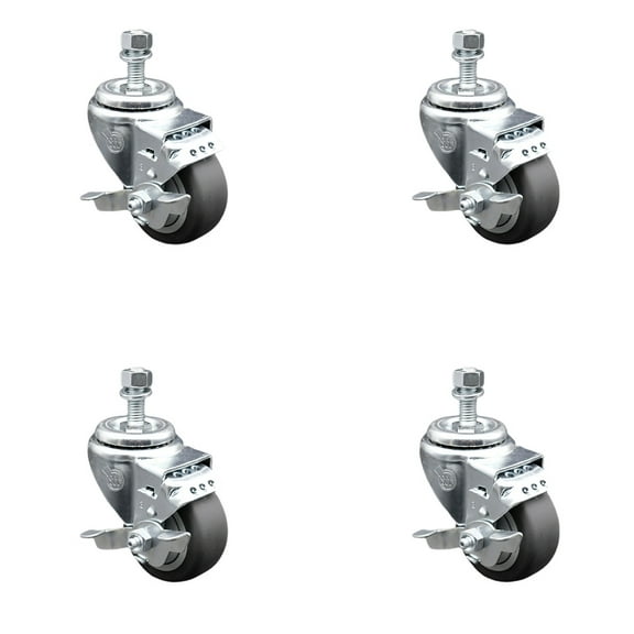 3.5 Inch SS Thermoplastic Rubber Swivel ½ Inch Threaded Stem Caster Set Brake