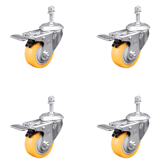 3.5 Inch SS Yellow Polyurethane 3/8 Inch Threaded Stem Caster Set Total Lock Brake