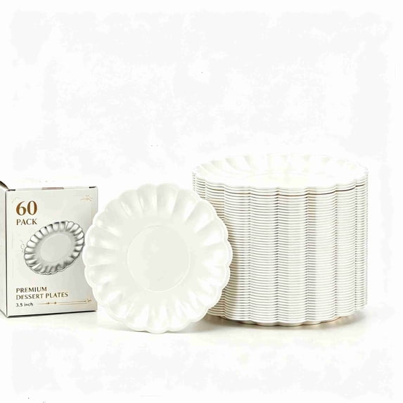 3.5 Inch Scalloped Mini Foil Dessert Plates 60 Pack, Disposable Small Cupcake Pastry Trays for Wedding Birthday Party, Beige