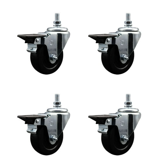 3.5 Inch Soft Rubber 10MM Threaded Stem Caster Set with Brake