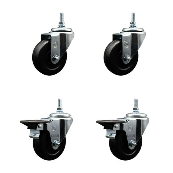 3.5 Inch Soft Rubber 12MM Threaded Stem Caster Set 2 Brakes SCC