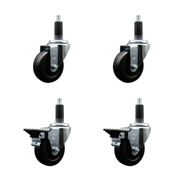 3.5 Inch Soft Rubber Wheel Swivel 1-1/8 Inch Expanding Stem Caster Set 2 Brakes