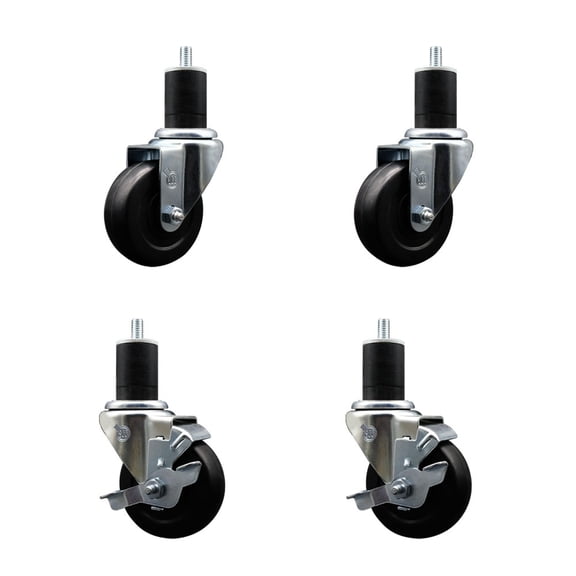 3.5 Inch Soft Rubber Wheel Swivel 1-3/4 Inch Expanding Stem Caster Set 2 Brakes