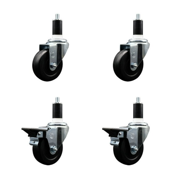 3.5 Inch Soft Rubber Wheel Swivel 1-3/8 Inch Expanding Stem Caster Set 2 Brakes