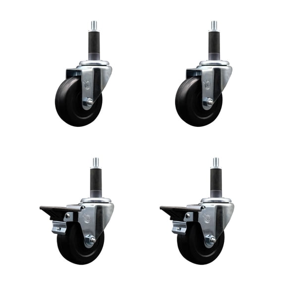 3.5 Inch Soft Rubber Wheel Swivel 1 Inch Expanding Stem Caster Set 2 Brakes SCC
