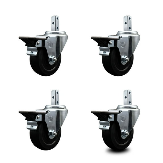 3.5 Inch Soft Rubber Wheel Swivel 3/4 Inch Square Stem Caster Set with Brake SCC