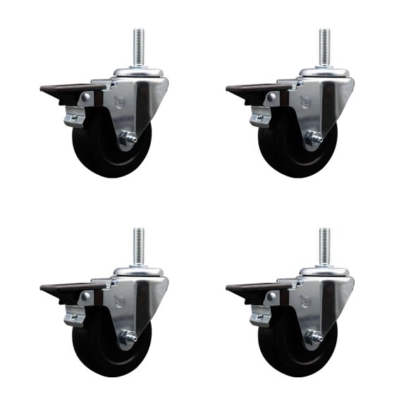 3.5 Inch Soft Rubber Wheel Swivel 3/4 Inch Threaded Stem Caster Set with Brake