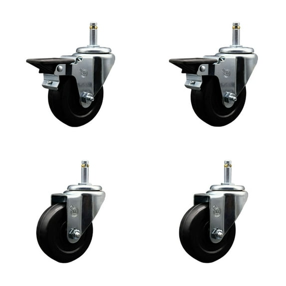 3.5 Inch Soft Rubber Wheel Swivel 7/16 Inch Grip Ring Stem Caster Set 2 Brakes