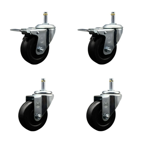 3.5 Inch Soft Rubber Wheel Swivel 7/16 Inch Stem Caster Set 2 Total Lock Brake