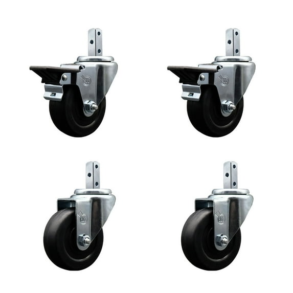 3.5 Inch Soft Rubber Wheel Swivel 7/8 Inch Square Stem Caster Set 2 Brakes SCC