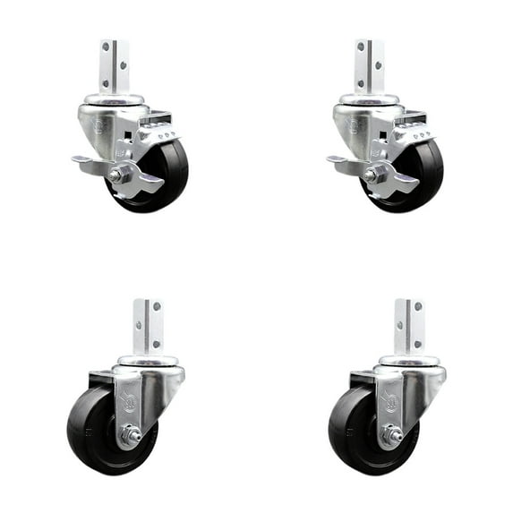 3.5 Inch Soft Rubber Wheel Swivel 7/8 Inch Square Stem Caster Set 2 Brakes SCC