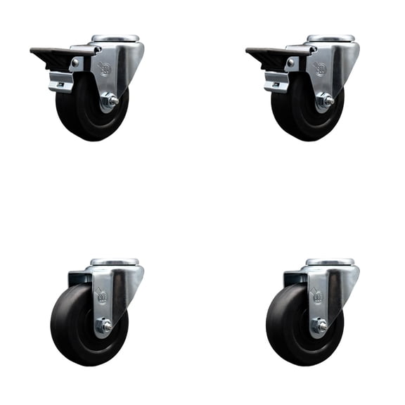 3.5 Inch Soft Rubber Wheel Swivel Bolt Hole Caster Set with 2 Posi Lock Brakes