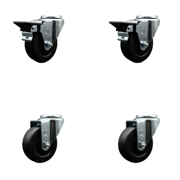 3.5 Inch Soft Rubber Wheel Swivel Bolt Hole Caster Set with 2 Posi Lock Brakes