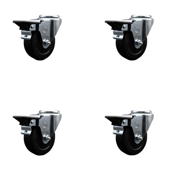 3.5 Inch Soft Rubber Wheel Swivel Bolt Hole Caster Set with Posi Lock Brakes SCC