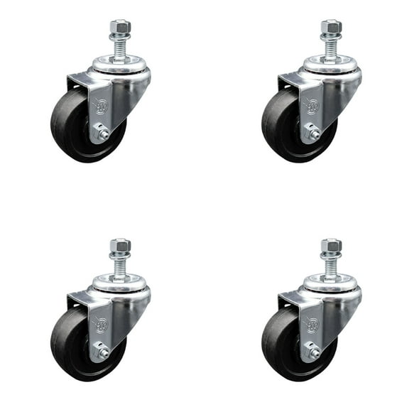 3.5 Inch Soft Rubber Wheel Swivel ½ Inch Threaded Stem Caster Set Service Caster