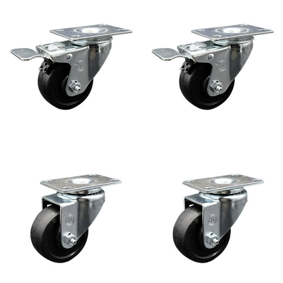3.5 Inch Soft Rubber Wheel Swivel Top Plate Caster Set 2 Total Lock Brakes SCC