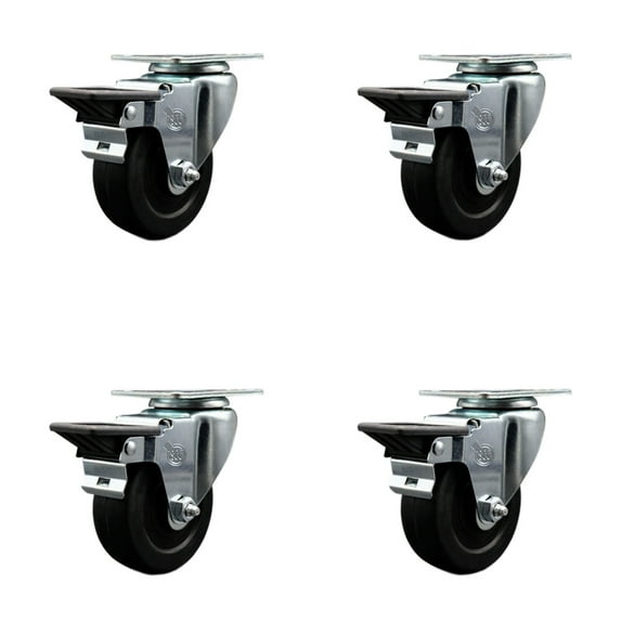 3.5 Inch Soft Rubber Wheel Swivel Top Plate Caster Set Posi Brake Service Caster