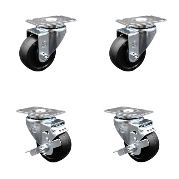 3.5 Inch Soft Rubber Wheel Swivel Top Plate Caster Set with 2 Brakes SCC