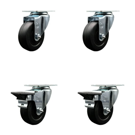 3.5 Inch Soft Rubber Wheel Swivel Top Plate Caster Set with 2 Posi Brakes SCC