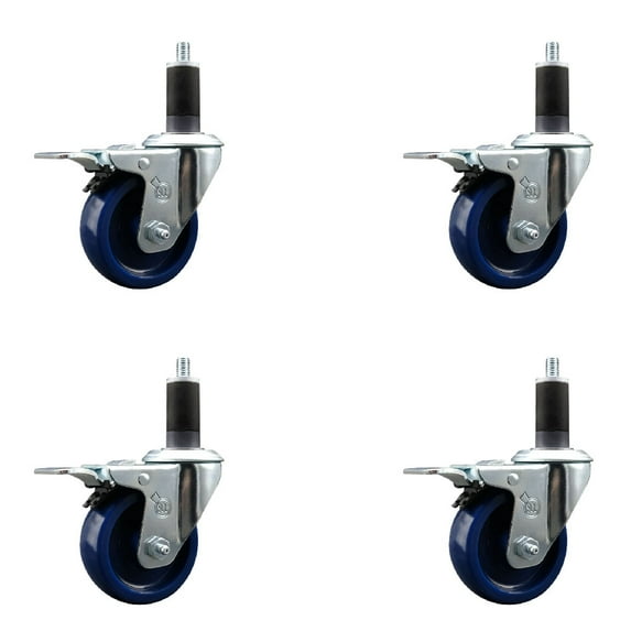 3.5 Inch Solid Poly Swivel 1-1/4 Inch Expanding Stem Caster Set Total Lock Brake