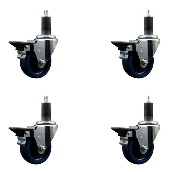 3.5 Inch Solid Poly Swivel 1-1/4 Inch Expanding Stem Caster Set with Brake SCC