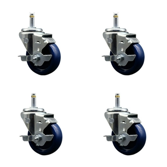 3.5 Inch Solid Poly Swivel 7/16 Inch Grip Ring Stem Caster Set with Brake