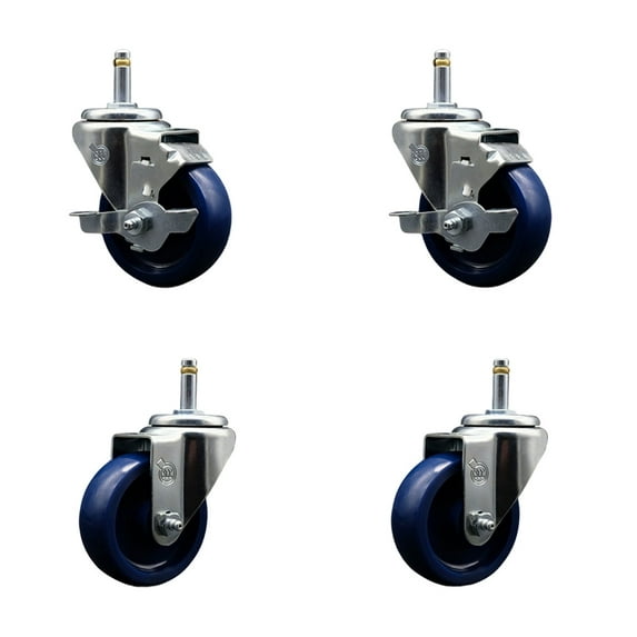 3.5 Inch Solid Poly Wheel Swivel 7/16 Inch Grip Ring Stem Caster Set 2 Brakes