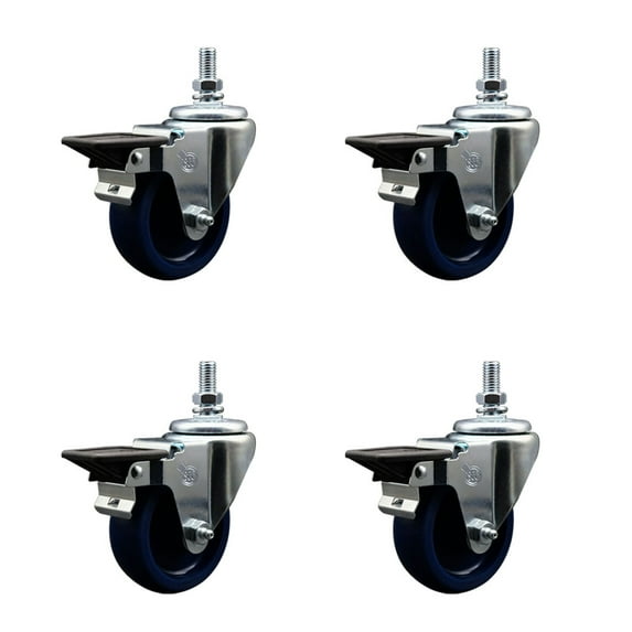 3.5 Inch Solid Polyurethane 10MM Threaded Stem Caster Set with Brake