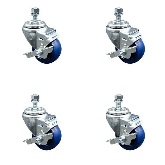 3.5 Inch Solid Polyurethane Swivel 12mm Threaded Stem Caster Set with Brake