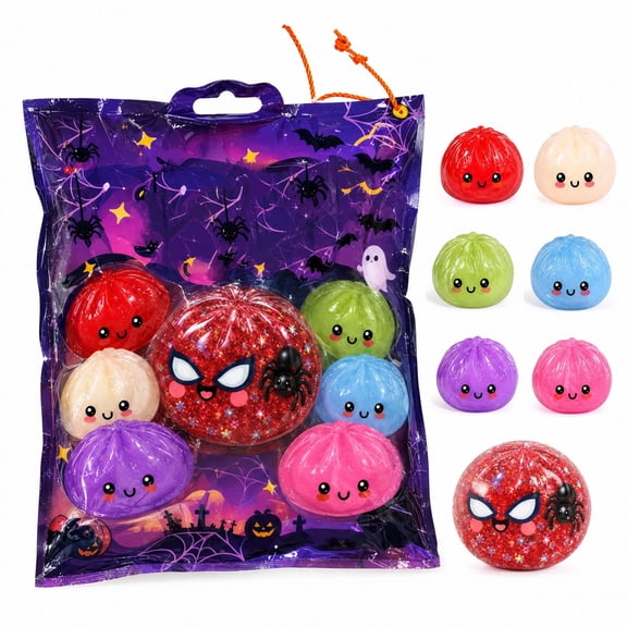 3.5 Inch Spider Dumpling Squishy Mystery Bag, Halloween Zipper Bag Spider Glitter Bun Toy, Sensory Stress Relief Fidget Gifts for Kids Teens