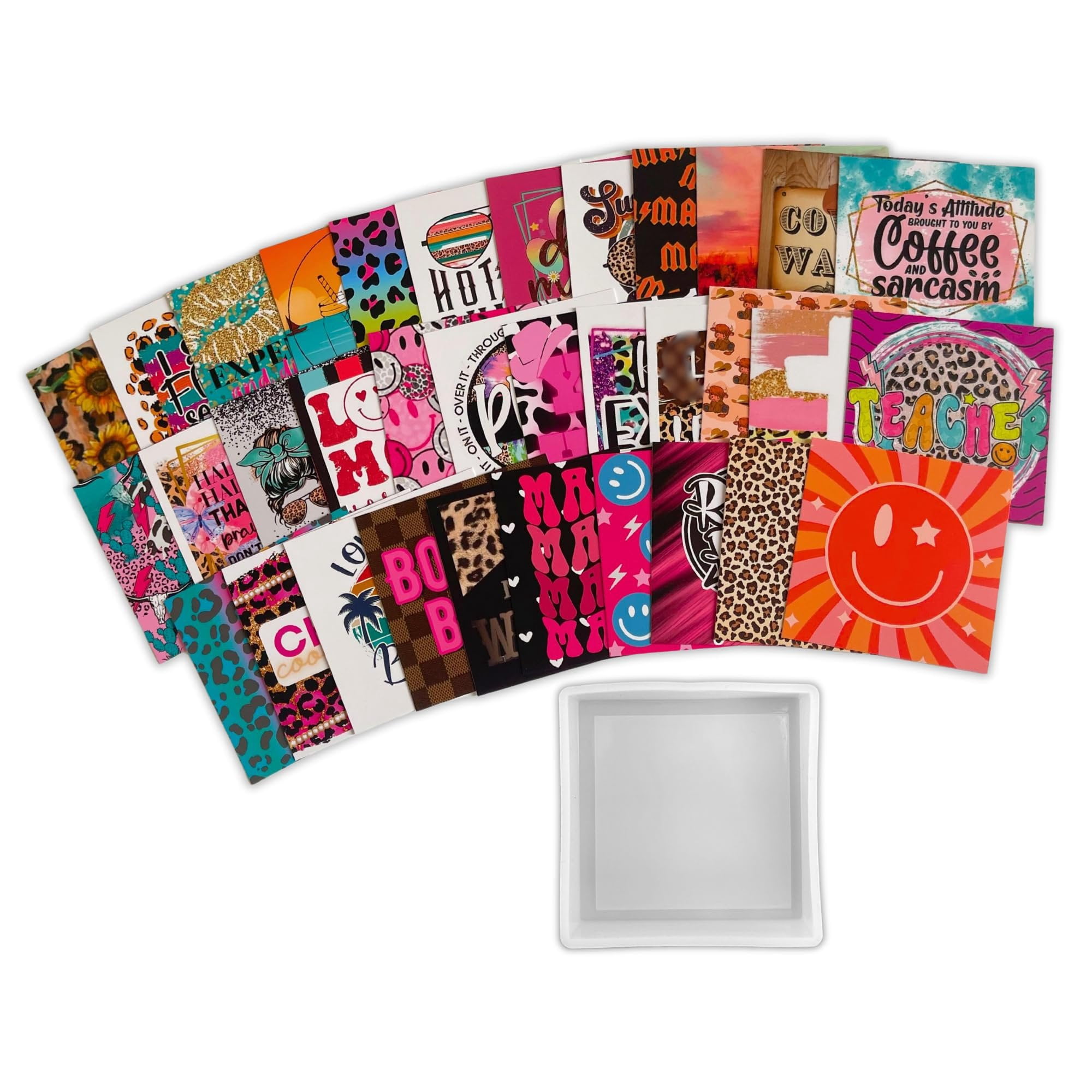 3.5 Inch Square Freshie Mold + 34 pcs Cardstock Cut Outs Mixed Pack Aroma Beads Care Instructions Cutouts for Freshies 2 pcs Pack Cardstock + Silicone Mold Combo