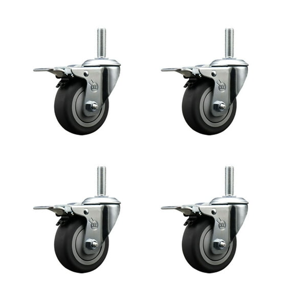 3.5 Inch Thermo Rubber Swivel 5/8 Inch Threaded Stem Caster Set Total Lock Brake