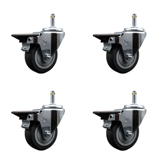 3.5 Inch Thermo Rubber Swivel 7/16 Inch Grip Ring Stem Caster Set with Brake