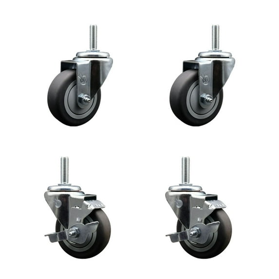 3.5 Inch Thermo Rubber Wheel Swivel 3/4 Inch Threaded Stem Caster Set 2 Brakes