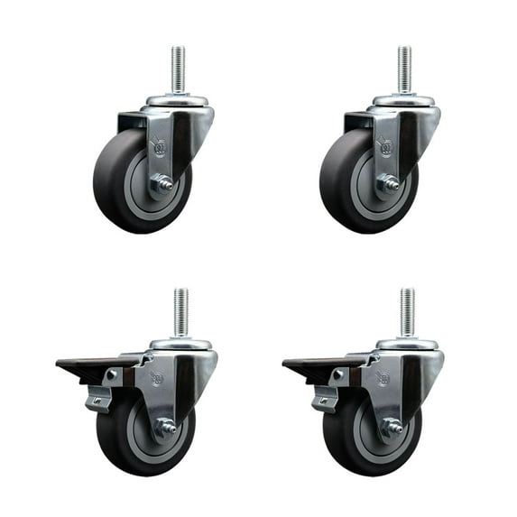 3.5 Inch Thermo Rubber Wheel Swivel 5/8 Inch Threaded Stem Caster Set 2 Brakes