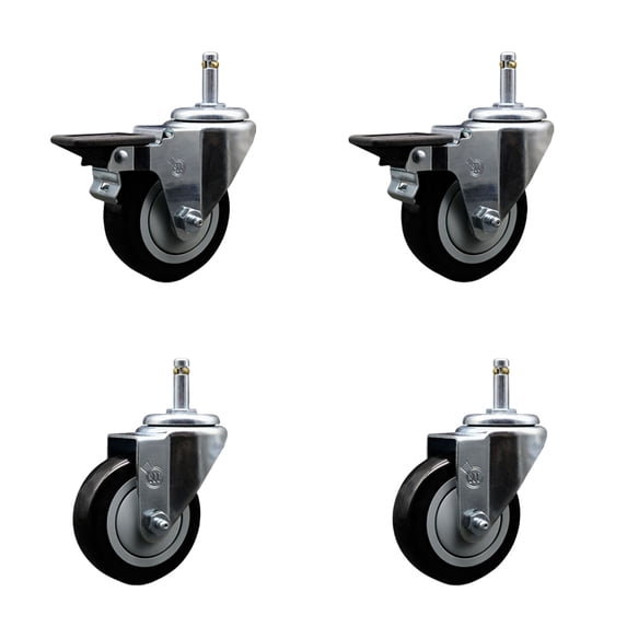 3.5 Inch Black Poly Wheel Swivel 7/16 Inch Grip Ring Stem Caster Set 2 Brakes