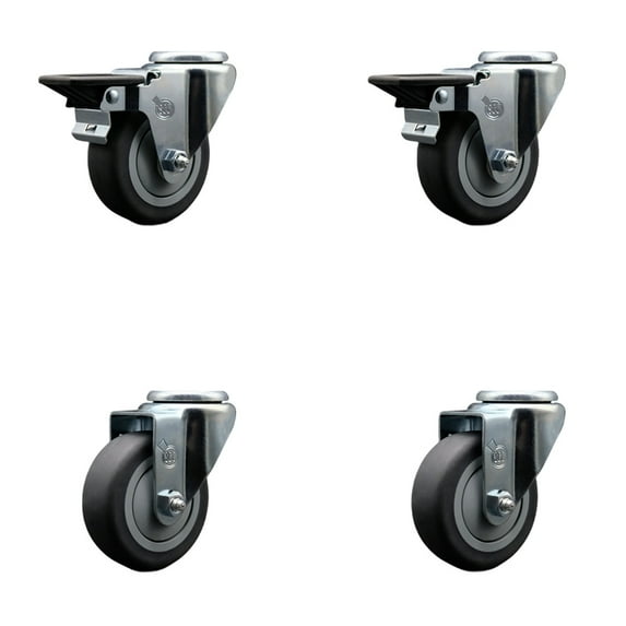 3.5 Inch Thermo Rubber Wheel Swivel Bolt Hole Caster Set with 2 Posi Lock Brakes