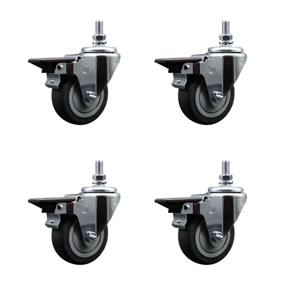 3.5 Inch Thermoplastic Rubber 10MM Threaded Stem Caster Set with Brake