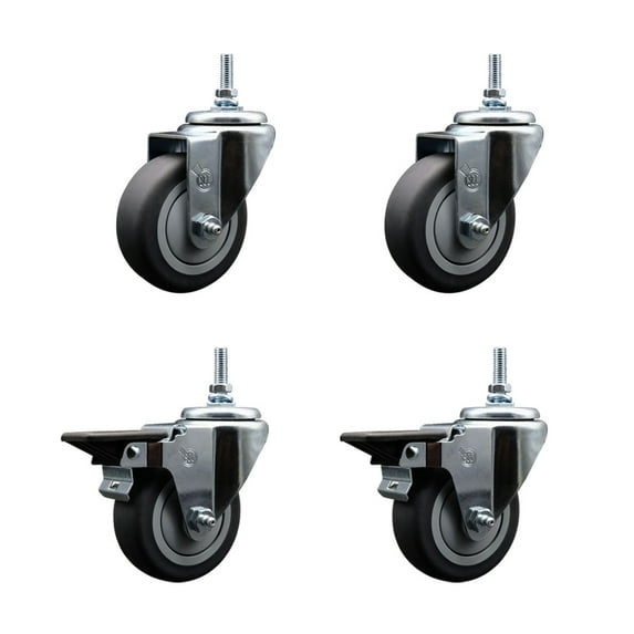3.5 Inch Thermoplastic Rubber 3/8 Inch Threaded Stem Caster Set 2 Brakes SCC