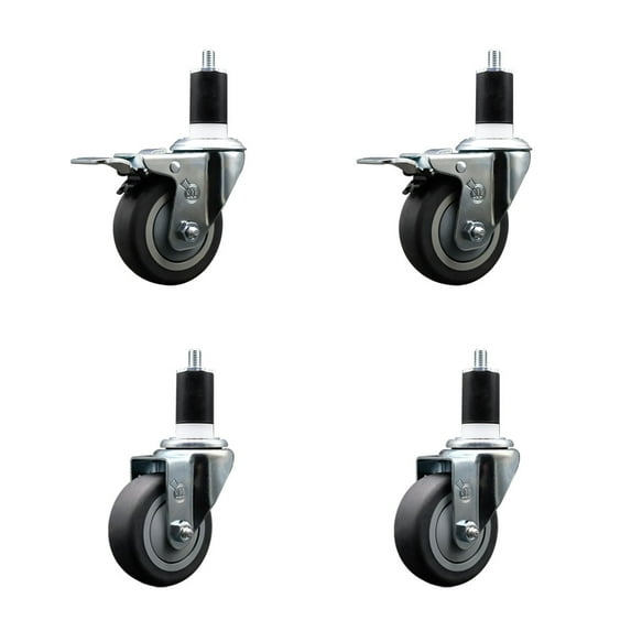 3.5 Inch Thermo Rubber Swivel 1-1/2 Inch Expanding Stem Caster Set 2 Brakes