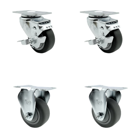 3.5 Inch Thermoplastic Rubber Swivel Top Plate Caster Set with 2 Brakes 2 Rigid