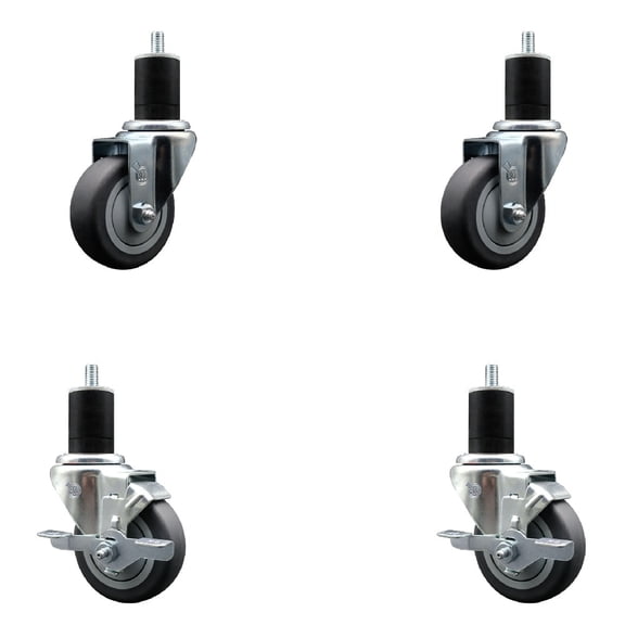 3.5 Inch Thermo Rubber Wheel Swivel 1-3/4 Inch Expanding Stem Caster Set 2 Brake