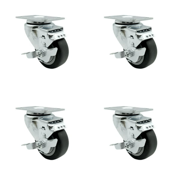 3.5 Inch Thermoplastic Rubber Wheel Swivel Top Plate Caster Set with Brake SCC