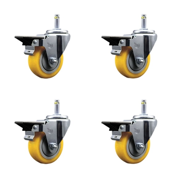 3.5 Inch Yellow Poly Swivel 7/16 Inch Grip Ring Stem Caster Set with Brake