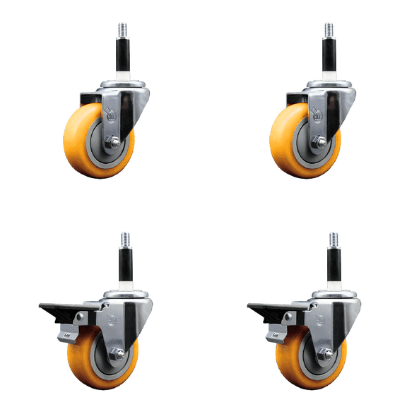 3.5 Inch Yellow Poly Wheel Swivel 7/8 Inch Expanding Stem Caster Set 2 Brakes