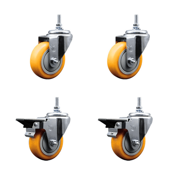 3.5 Inch Yellow Polyurethane 12MM Threaded Stem Caster Set 2 Brakes SCC