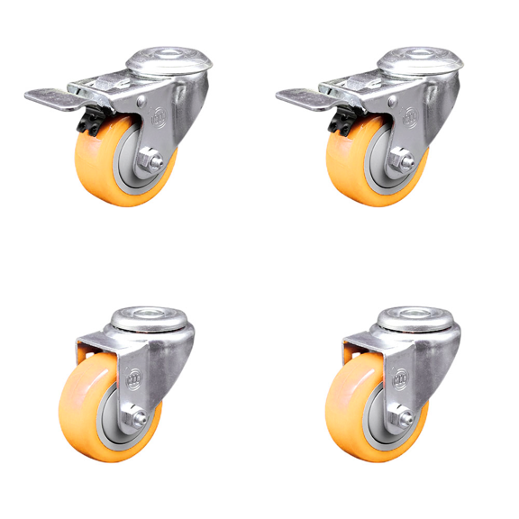 3.5 Inch Yellow Polyurethane Swivel Bolt Hole Caster Set with 2 Total Lock Brake