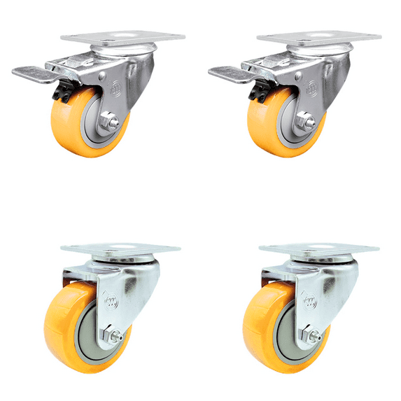 3.5 Inch Yellow Polyurethane Wheel Swivel Top Plate Caster Set 2 Total Lck Brake